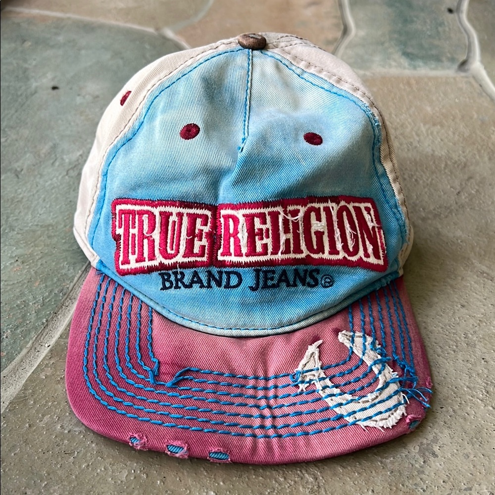 True Religion Blue and Red distressed Y2K baseball cap hat.